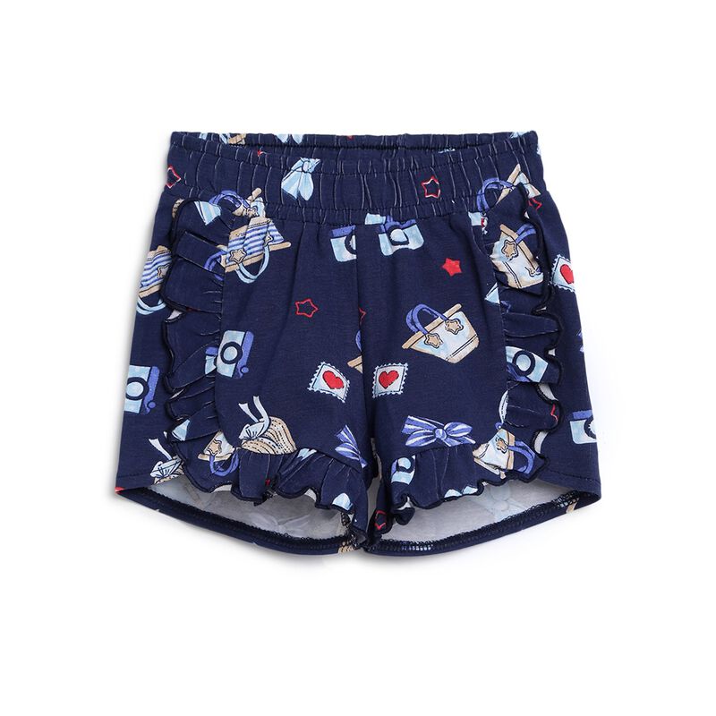 Girls Blue Printed Short Knitted Trousers image number 0